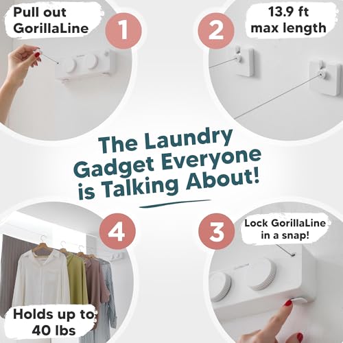 GorillaLine Max - Retractable Clothesline Indoor Outdoor Clothes Line - Heavy Duty Clothes Drying Laundry Line - Wall Mounted Drying Rack - Air Dry Clothing - Max Tighten with GorillaGrip - color: Double Max