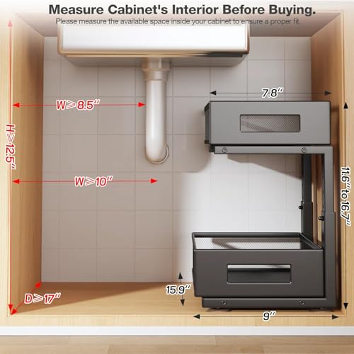 Under Sink Organizer, 2-Tier Dual Pull Out Cabinet Organizer Drawers With Smooth Circular Rail, Large Capacity Metal Mesh Sliding Shelves For Bathroom& Kitchen Storage,Height Adjustable–Black,2 Packs - color: Black, size: 2 Pack-15.9"Dx11.6"-16.7" H