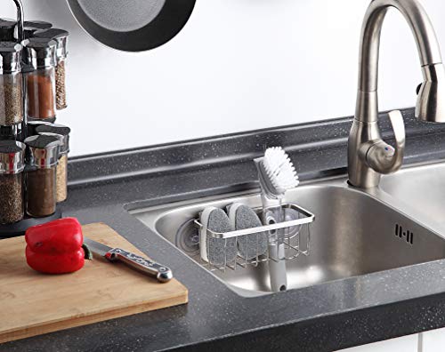 SunnyPoint NeverRust Deluxe Kitchen & Bathroom Sink Sponge Holder Organizer with Adhesive Mount - Additional Suction Cup Included – Sponge & Brush NOT Included – 7.4 x 3.3 x 2.75 Inch - color: Brush, size: 7.4 x 3.3 x 2.75 Inch