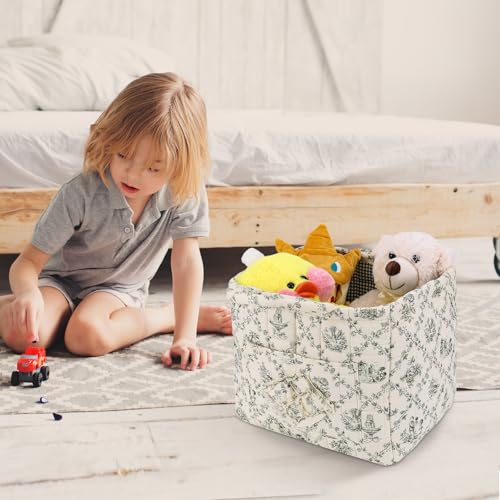 Storage Basket Boho Fabric Large Collapsible Floral Laundry Nursery Hamper Portable Folding Storage for Clothes Toys (Vine-Green) - color: Vine-Green