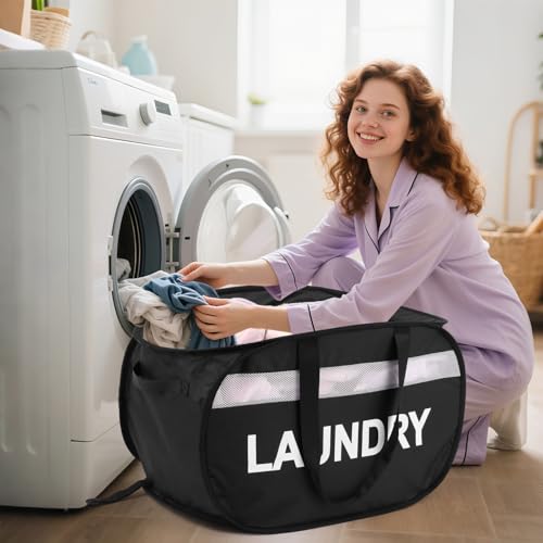 Collapsible Laundry Baskets with Lid, Foldable Clothes Hamper with Reinforced Handles, Sturdy Pop Up Hampers for Laundry, Tear Proof & Easy to Carry Laundry Hamper for Home, Dorm, Travel Black - color: Black-Lid