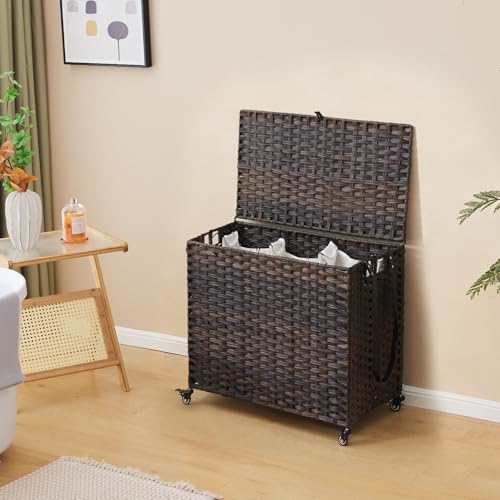 Laundry Hamper with Wheels, 34.3 Gallon(130L) Rolling Laundry Basket with Lid, 3-Section Rattan Clothes Hamper with 3 Removable Liner & 3 Mesh Bags, Laundry Sorter with Side Pocket, Brown - color: Brown, size: 130L(23.62 x 15.75 x 21.65 Inches)