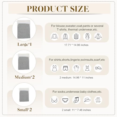 5-Piece Organic Cotton Laundry Bags with Zipper and Hanging Loop, 3 Sizes (S, M, L) Mesh Laundry Bag, Durable Cotton Mesh Laundry Bag for Delicate Underwear and Socks. - color: White