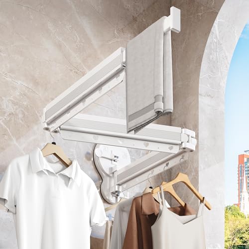 LIENAHU Suction Cup Drying Rack,Drying Rack Clothing,Clothes Drying Rack Wall Mounted,Laundry Drying Rack,Foldable,Collapsible,Retractable,with Clips-White