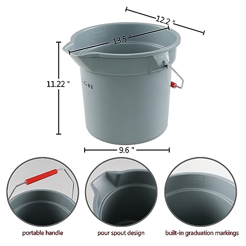 6-Pack 14 Quart Plastic Cleaning Round Bucket with Handle, Gray