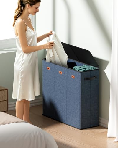 185L Laundry Hamper 3 Section with Lid & Removable Bags - color: Navy Blue, size: 185L - 3 Section