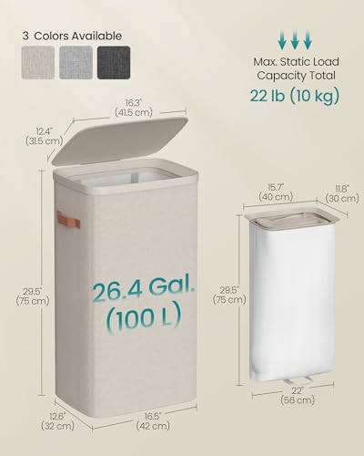 SONGMICS Laundry Basket, 100L Laundry Hamper with Lid, 1 Removable Bag - color: Cappuccino Beige, size: 100 L (1-Section)