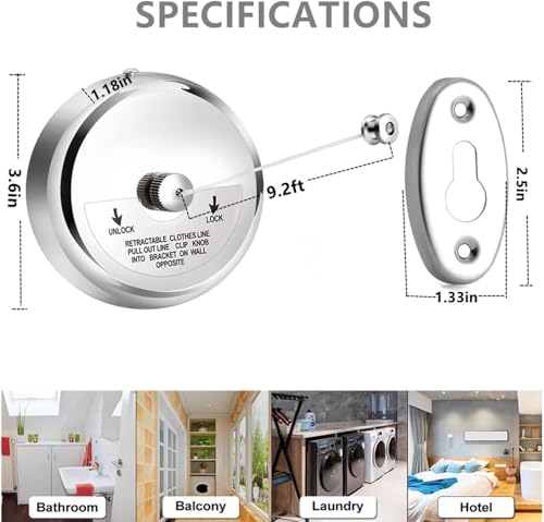 Retractable Clothesline 9.0 FT, 304 Stainless Steel Clothes Line Dryer with Heavy Duty Adjustable Stainless Steel Rope String for Hanging Drying Bathroom, Laundry, Hotel, Indoor & Outdoor
