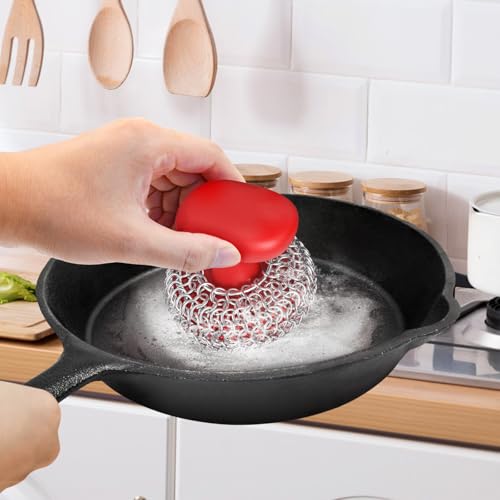 Cast Iron Scrubber Dish Scrub Brush 316 Chainmail Scrubber for Cast Iron - color: Red