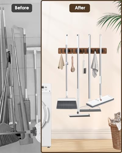 AceMining 2 Pack Broom Holder Wall Mount, 4 Holders 4 Hooks Mop Holder - color: Brown, size: 2 Pack
