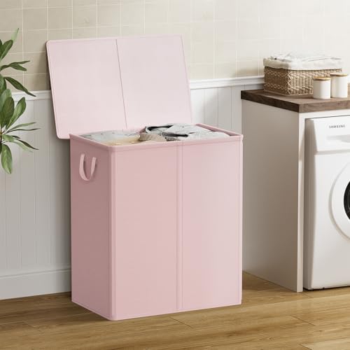 Chrislley Double Laundry Hamper with Lid, 140L Laundry Basket 2 Section - color: Pink, size: 140l(24.0"l X 14.2"w X 25.2"h)