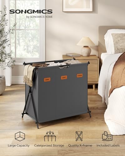 SONGMICS Laundry Hamper, 35.7 Gal. 3 Sections, Collapsible X-Frame - color: Slate Gray, size: 135 L