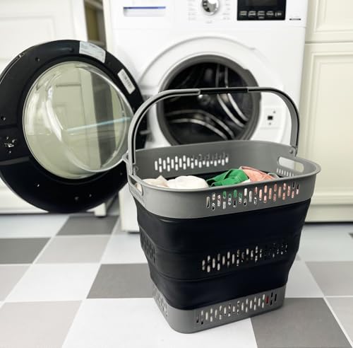 SAMMART 38L (10 Gallon) Collapsible Plastic Laundry Basket - Foldable Pop-Up Storage Container/Organizer – Portable Space Saving Laundry Hamper (1, Grey/Black) - color: Grey/Black