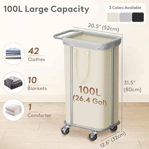 Lifewit 100L Rolling Laundry Basket with Steel Frame, Removable Bag, White - color: White, size: 100L