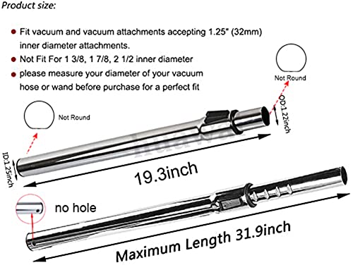 1.25" Metal Vacuum Extension Wand Central Vac Tube Extends to 31.9" - size: 2 Pcs
