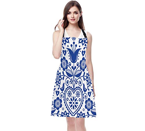 EKOBLA Floral Aprons Bohemian Style Scandinavian Folk Art Navy Blue Waterproof Resistant Chef Cooking Kitchen BBQ Adjustable Aprons for Women Men 27x31 Inch - color: Multi-a102