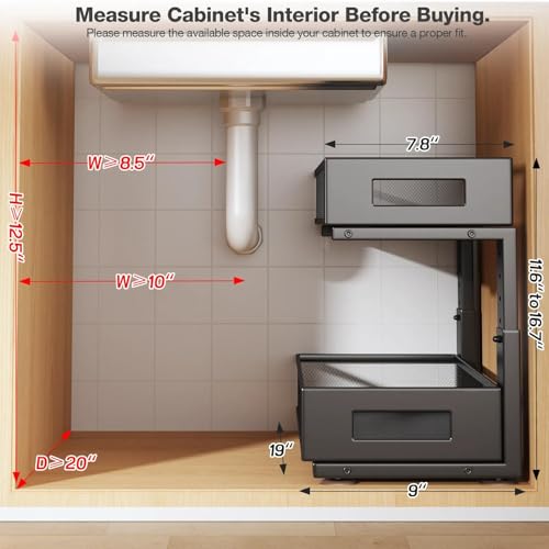 2 Packs 19IN Depth Under Sink Organizer, 2-Tier Pull Out Cabinet Organizer With Smooth Circular Rail, Large Capacity Metal Mesh Sliding Drawers For Bathroom& Kitchen Storage,Height Adjustable –Black - color: Black, size: 2 Pack-19"Dx11.6"-16.7" H