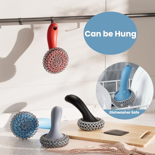 Cast Iron Scrubber with Long Handle Dish Scouring Pad Chainmail Cleaner - color: Blue, 1 Scrubber + 1 Scraper