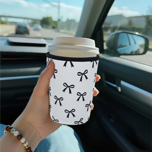 Reusable Insulated Sleeve for Iced Coffee Cup, Coffee Neoprene Sleeve for Cold & Hot Drinks, Beverage Holder for Iced Coffee (Black Bow, Small: 16-18oz) - color: Black Bow, size: Small: 16-18oz