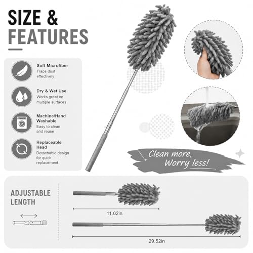 Microfiber Feather Duster with 30 in Telescoping Pole, Washable Chenille Head for Ceiling Fans, Blinds and Furniture, Gray - color: Gray