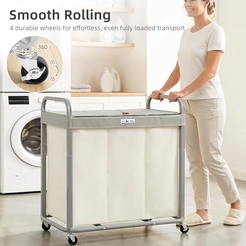 STORAGE MANIAC Laundry Hamper 3 Section with Lid Rolling Laundry Basket - color: Beige