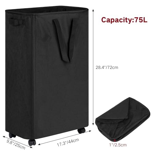 efluky Slim Laundry Hamper with Wheels, Rolling Laundry Basket for Clothes, Small Laundry Basket for Bedroom, Dorm and Laundry Room, 75L (19.8 Gallons) Black - color: Black, size: 75L