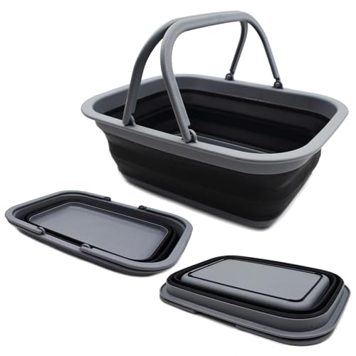 SAMMART Collapsible Washing Tub with Handles 9.2L (2.37Gallon) - Portable Outdoor Picnic Basket/Crate - Foldable Space Saving Storage Container for Dishing, Camping & Home (1, Dark Grey/Black) - color: Dark Grey/Black
