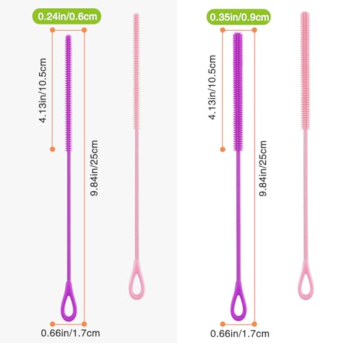 4 Pcs Silicone Straw Cleaner Brush, Reusable Straw Brush Extra Long for Cleaning Glass Metal Smoothie Straws, Non-Slip Handle Soft Bendable, 6mm+9mm, Purple & Pink - color: Purple & Pink