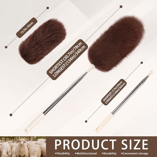 Extendable Lambswool Duster Stainless Steel Handle 133" Removable Feather Duster for Cleaning Ceiling Fans Interior Roof Furniture, Brown - color: Brown, size: 30-133 Inch