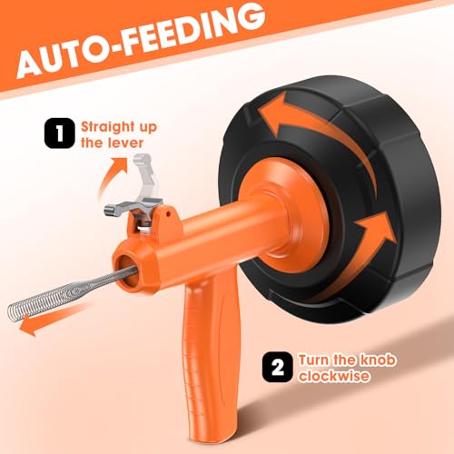 Drain Snake, Auto Feed Plumbing Snake with Drill Adaptor, 25 Feet Drain Auger Tool Set Included Drain Clog Remover, Hair Clog Remover & Cleaning Brush for Kitchen, Bathroom and Shower Sink with Gloves