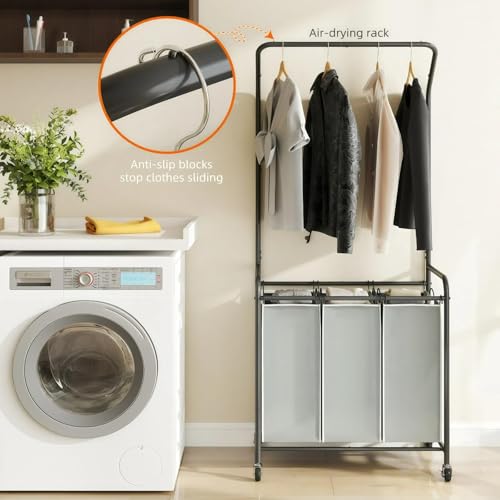 ROMOON Laundry Sorter Hamper with Hanging Bar, 3 Section Laundry Cart - color: grey