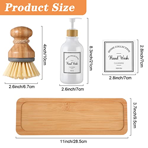 Zopeal 4 Pcs Dish Soap Hand Soap Dispenser with Bamboo, White 亮点:16 oz Refillable Soap Dispensers with Bamboo Tray and Dish Brush, Waterproof Labels for Kitchen Dish Soap and Hand Wash - color: White