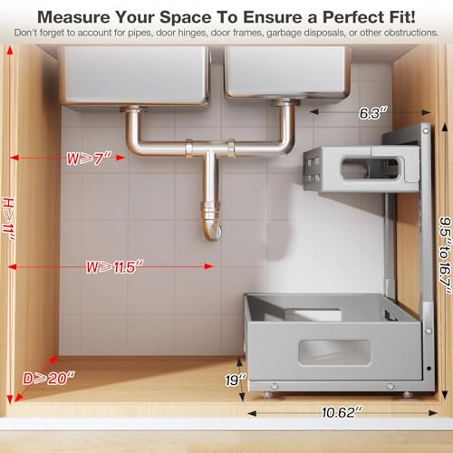 2 Pack 19IN-Depth Under Sink Organizer,Pull Out Cabinet Organizer With Smooth Cylindrical Rail,Metal Slide Out Drawer for Kitchen Bathroom Laundry,8-Level Tool Free Height Adjustable-Gun Gray - color: Gun Gray, size: 2 Pack-19"Dx9.5"-16.7"H