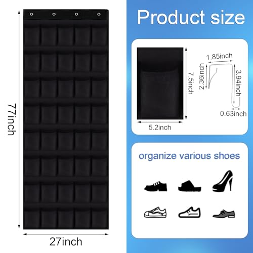 40 Pocket Over The Door Shoe Organizer,with 4 Metal Hooks(Black - color: black, size: 77" x 27"