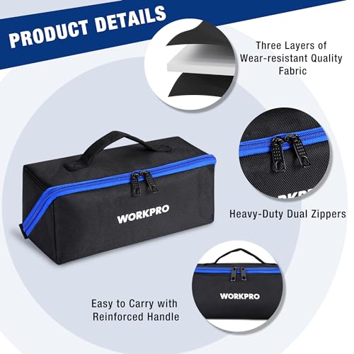 WORKPRO Tool Bag, 10" Wide Mouth Utility Tool Bag with Zipper, Heavy Duty Tool Storage Bag, Multipurpose Tool Case Small Tool Bag for Organizer