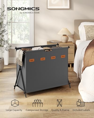 SONGMICS Laundry Hamper, 155L, 4 Sections, Collapsible X-Frame - color: Slate Gray, size: 155 L