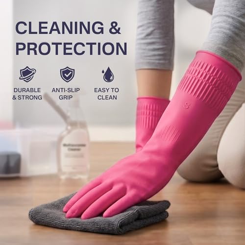 Rubber Dishwashing Gloves, Reusable Cleaning Dish Gloves for Kitchen, Long Cuff for Washing Dishes - color: Red (2 Pairs), size: Small