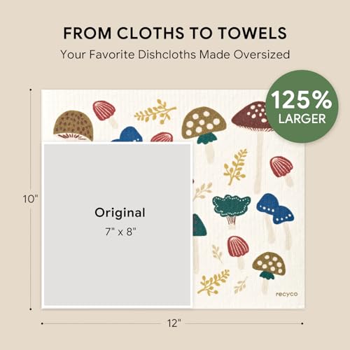 RECYCO Swedish Dishcloths for Kitchen | 4 Pack Oversized Washable Dish Rags | Large Cellulose Reusable Cleaning Paper Towels | Absorbent Counter Dish Cloth Sponge XL Kitchen Wipes, 12" L x 10" W - color: Verdant Mushroom - Xl 4 Pack
