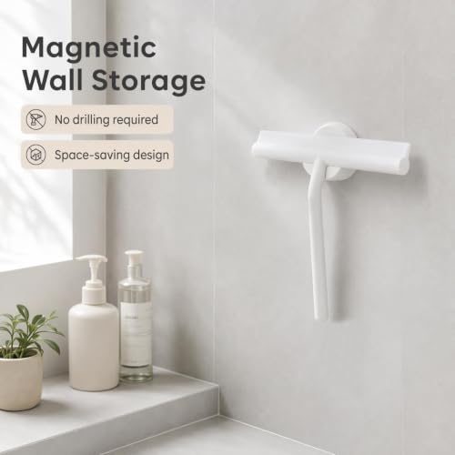 Shower Squeegee for Glass Doors, Full Silicone Jacketed Squeegee with Ergonomic Handle & No-Drill Hook, Cleaning Tool for Windows, Mirrors, Tiles, Bathroom & Car - White - color: White, size: without loop