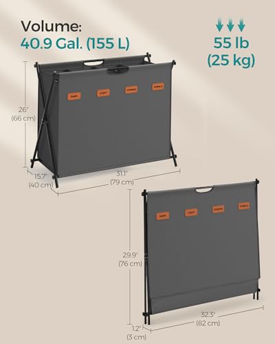 SONGMICS Laundry Hamper, 155L, 4 Sections, Collapsible X-Frame - color: Slate Gray, size: 155 L