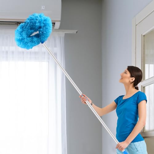 LUCKY-M Ceiling Fan Cleaner Duster, Removable Microfiber Ceiling Fan Blade Cleaner Reusable Duster with Extension Pole Adjusts 33 to 57.1 in for Cleaning Bookshelves Wall Door Window Top (Blue)