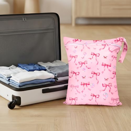 2 Pcs Large Travel Laundry Bags Waterproof Wet Dry Bag, Washable Dirty Clothes Bags for Travel,Drawstring, Bathing Suit, Workout, Gym Clothes Laundry, Swimming Pool & College Dorm, Pink Butterfly Bow - color: Pink Butterfly Bow