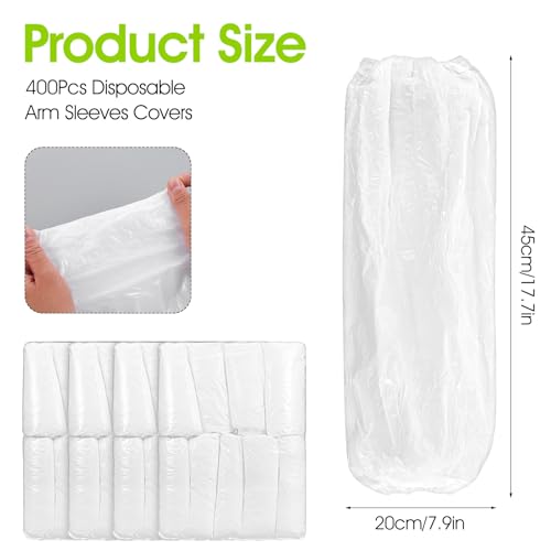 400Pcs Disposable Arm Sleeves Covers, 17.7" Long Waterproof PE Oversleeves with Elastic Cuffs for Painting, Cleaning, Tattooing & Food Handling