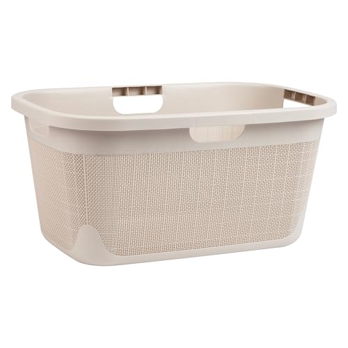 Mind Reader 40L Laundry Basket, Linen Design Clothes Hamper, Plastic Storage Bin with Handles, Ivory - color: Ivory