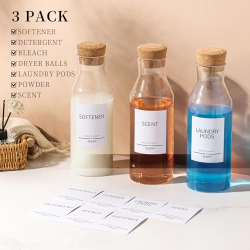 3Pack Glass Laundry Detergent Dispenser with 7Pcs Labels,40oz Liquid Laundry Detergent Dispenser,Laundry Containers for Organizing Liquid Detergent Dispenser Laundry Soap Dispenser - size: 34oz*3 (Wooden lid)