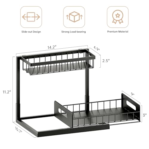 Under Sink Organizer and Storage, Slide Out Cabinet Organizer, Pull Out Sink Shelf for Kitchen Bathroom Laundry, Black, 1 Pack