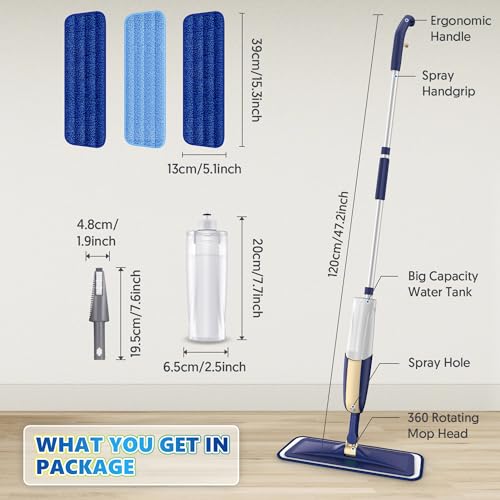Spray Wet Mops for Floor Cleaning: Hardwood Floor Mops Refillable Reusable - color: Bluebeige