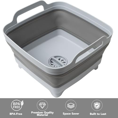 Tiawudi Dishpan for Washing Dishes, 2.4Gal/9L Wash Basin with Draining Plug Carry Handles, Collapsible Bucket for Cleaning, Portable Sink, Foldable Plastic Tub, 1PC - color: All Grey, size: 1 x 9L