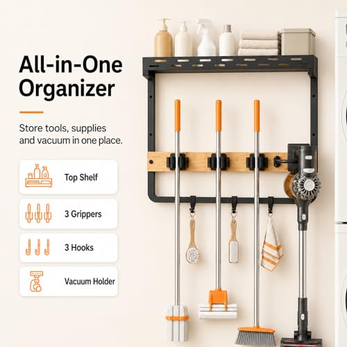 Small Broom Holder Wall Mount with Shelf, 3 Grippers and 3 Hooks - size: Small