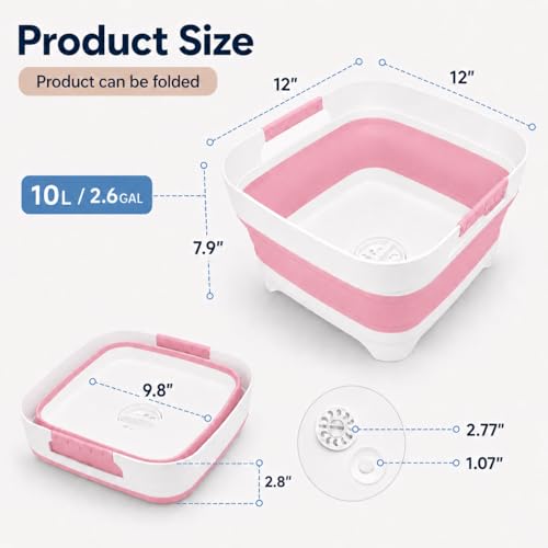 Collapsible Dish Basin with Drain Plug, 2.4 Gal 9L Foldable Wash Basin, Portable Sink Tub for Kitchen, Baby Bottles, Camping, RV, Vegetable Washing and Beverage Tub, Pink - color: Pink